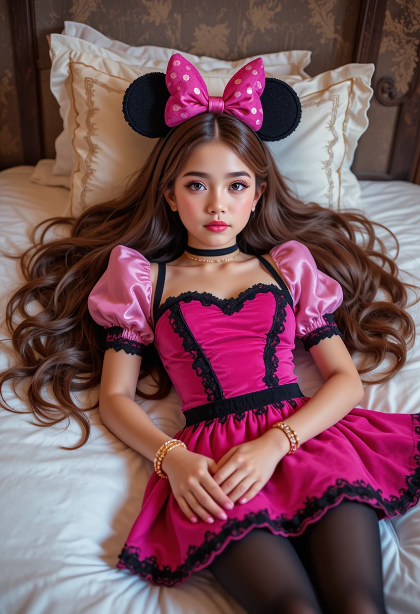 Niño preadolescente con disfraz de Minnie Mouse descansando en una cama con dosel de hotel