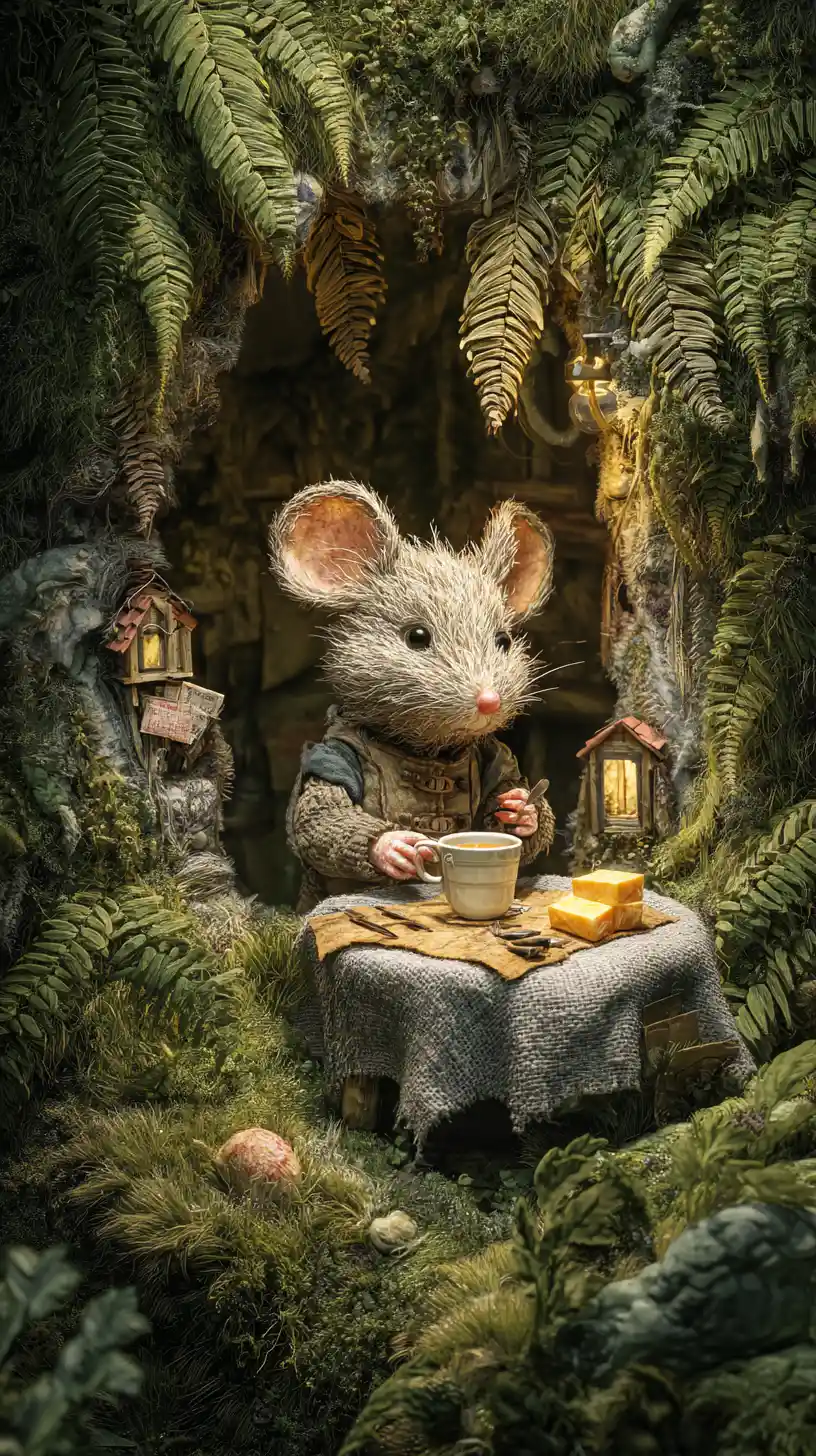 Tiny mouse house with tea table in a sunny meadow