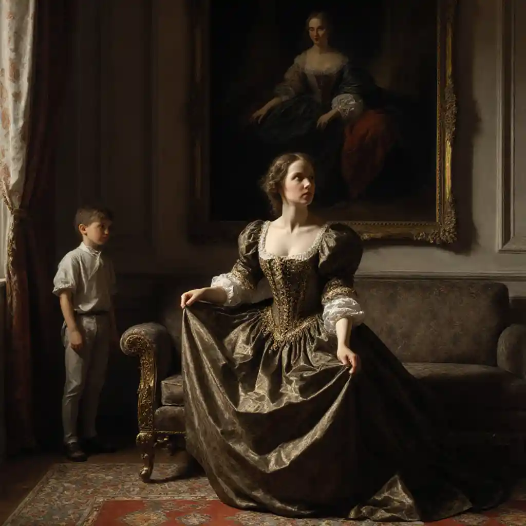 Young countess in a dim historic chamber with servant