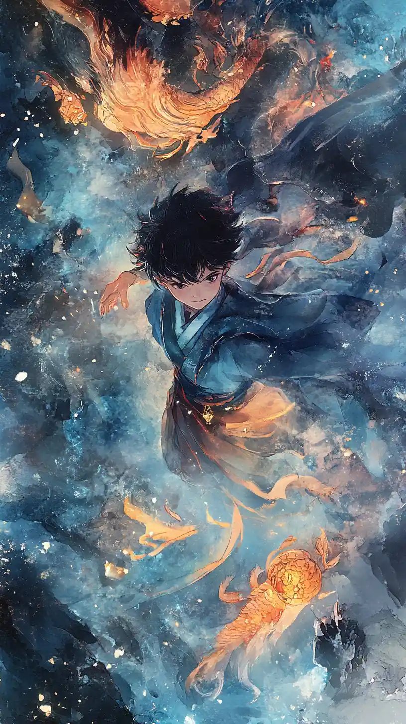 Joven chico usando magia en un viaje de fantasía aventurero