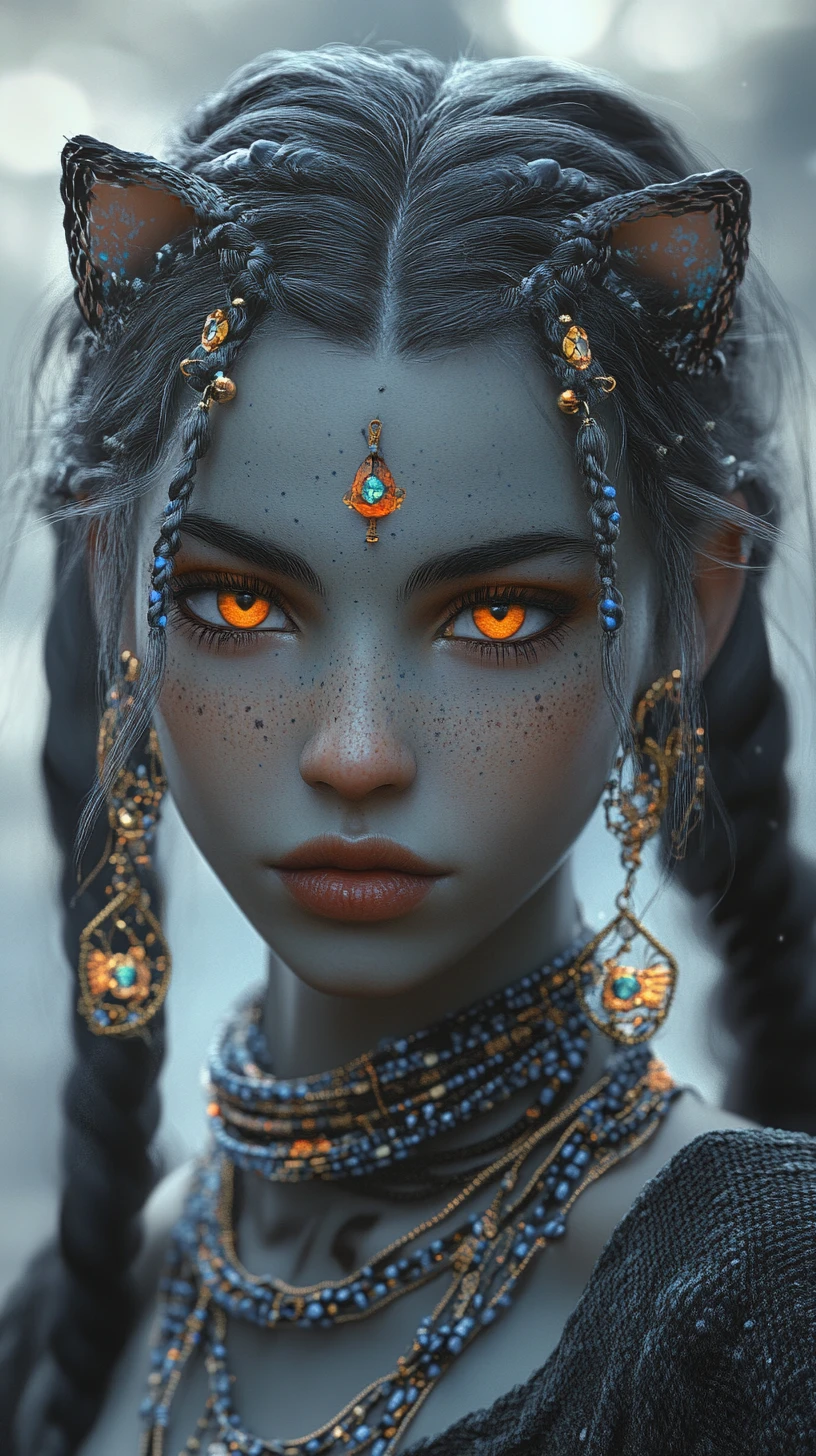 Mystical blue skinned girl with orange eyes and catlike ears