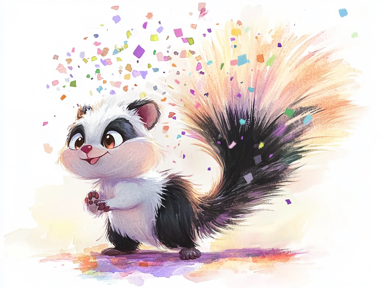 Cute baby skunk spraying colorful confetti at twilight