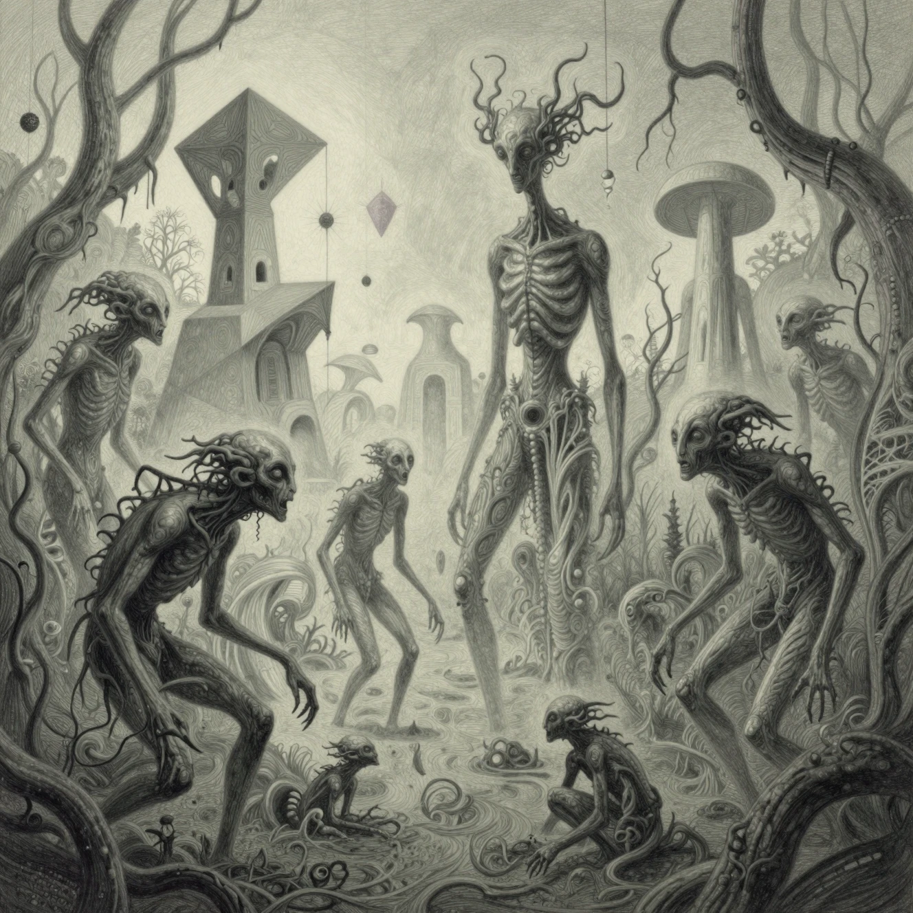 Monstruos de pesadilla que emergen de un paisaje pantanoso surrealista