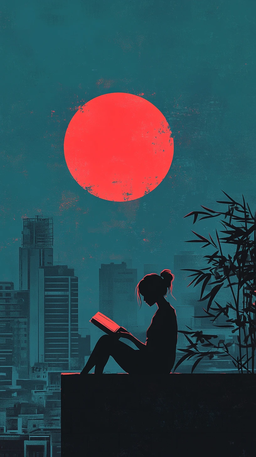 Ragazza anime che legge su un tetto al tramonto rosso