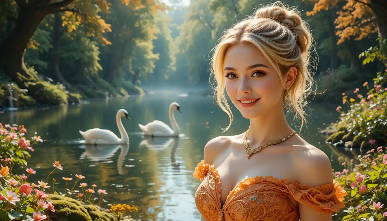 Smiling blonde woman in ornate lace dress by forest lake