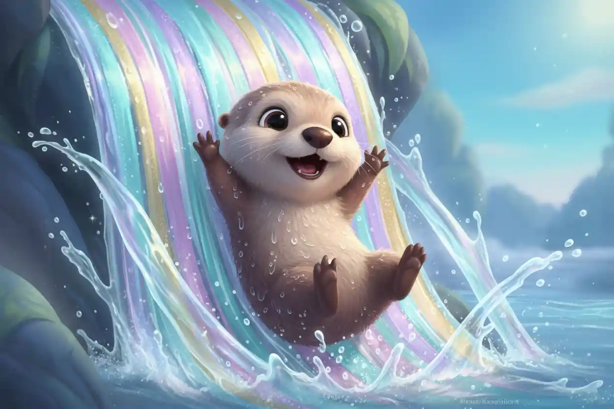 Cucciolo di lontra che scivola giù da una cascata arcobaleno pastello