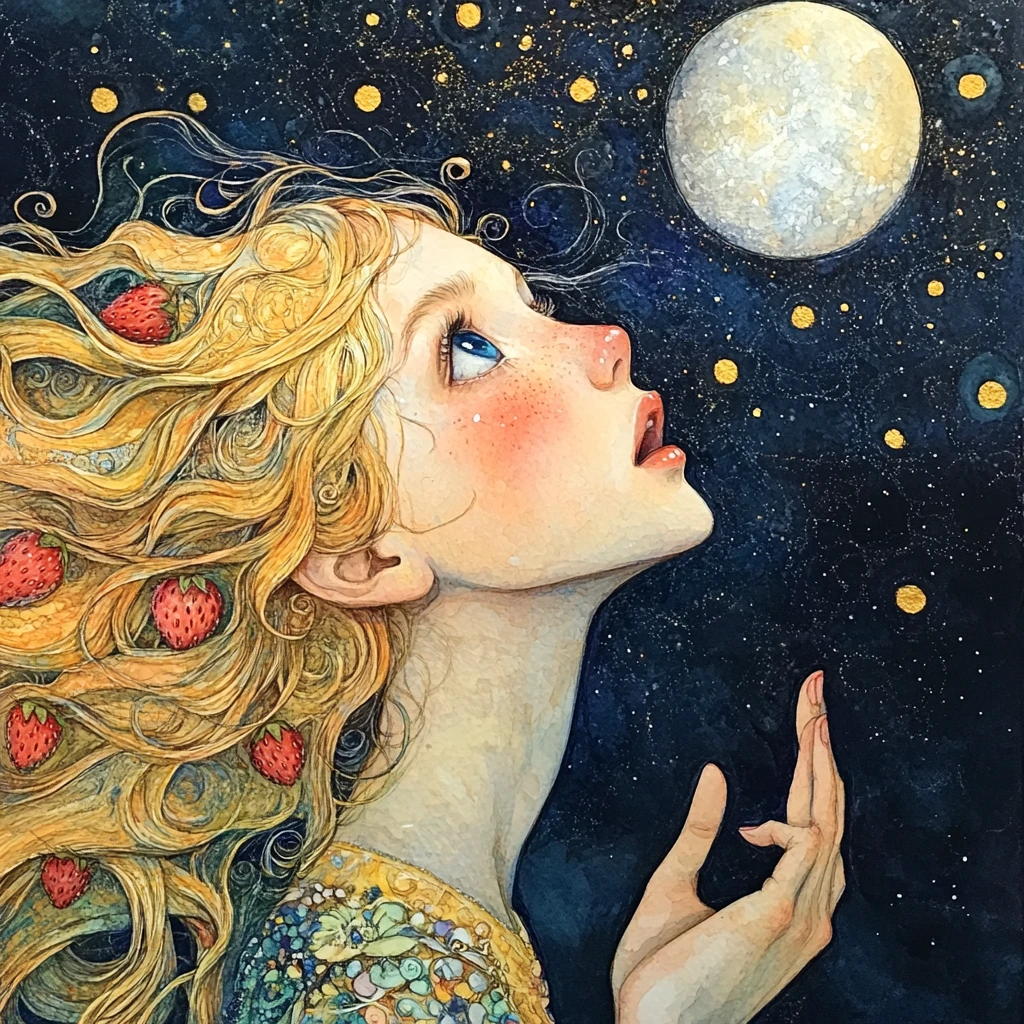Joven chica contemplando un cielo estrellado a la luz de la luna en acuarela