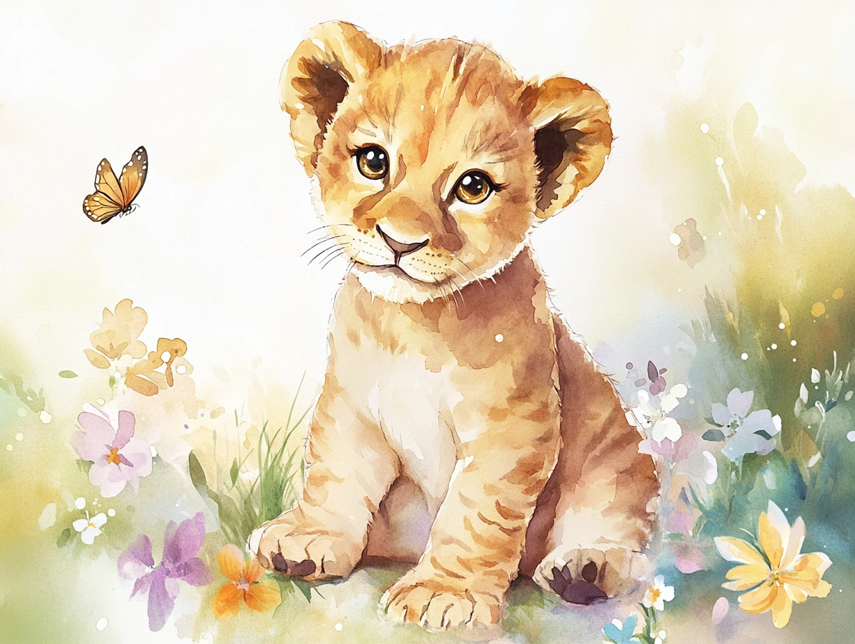 Watercolor baby lion cub in a whimsical flower meadow