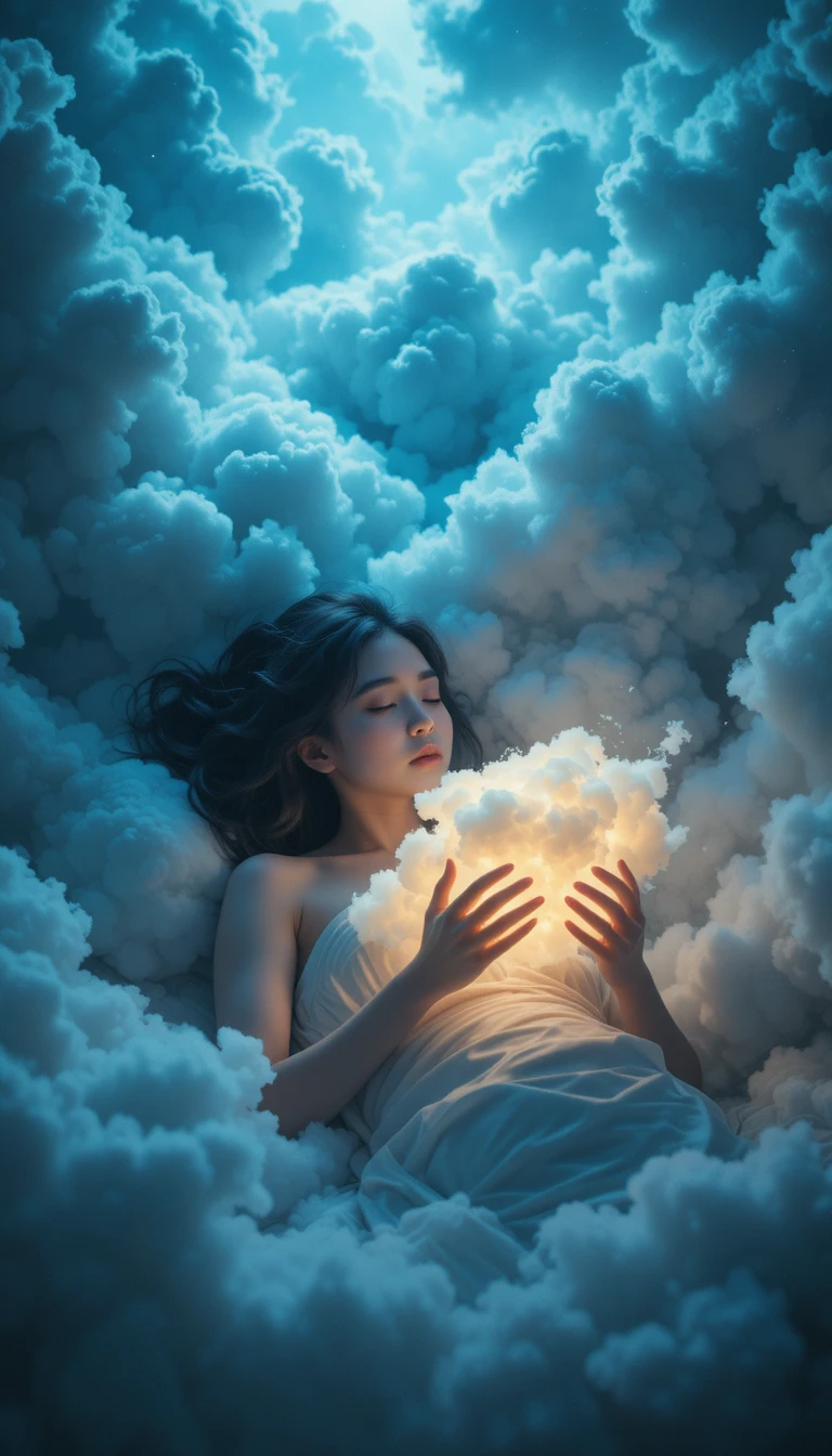 Sleeping person holding a glowing cloud in dreamy light