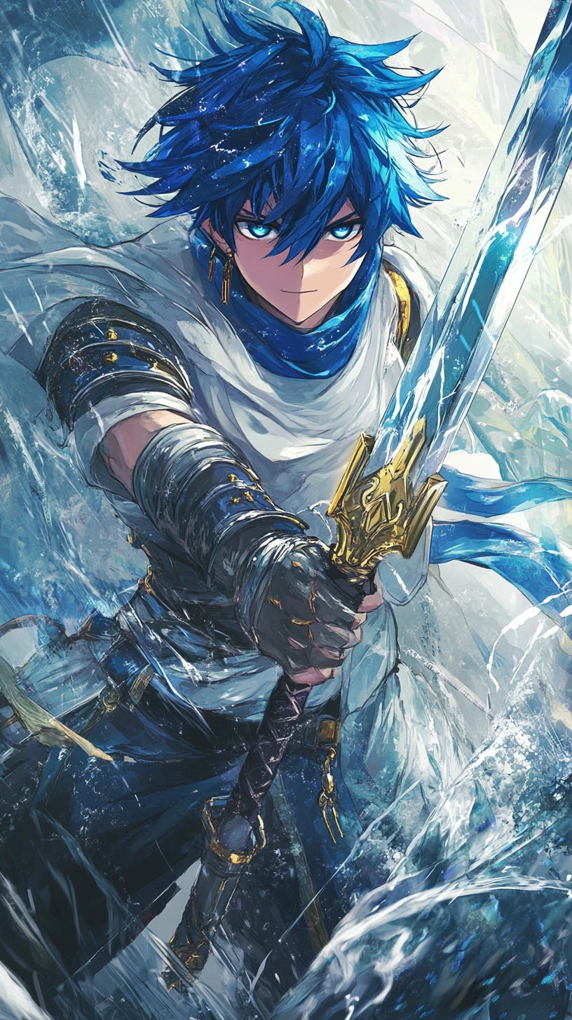 Blue haired anime knight in dynamic close up portrait