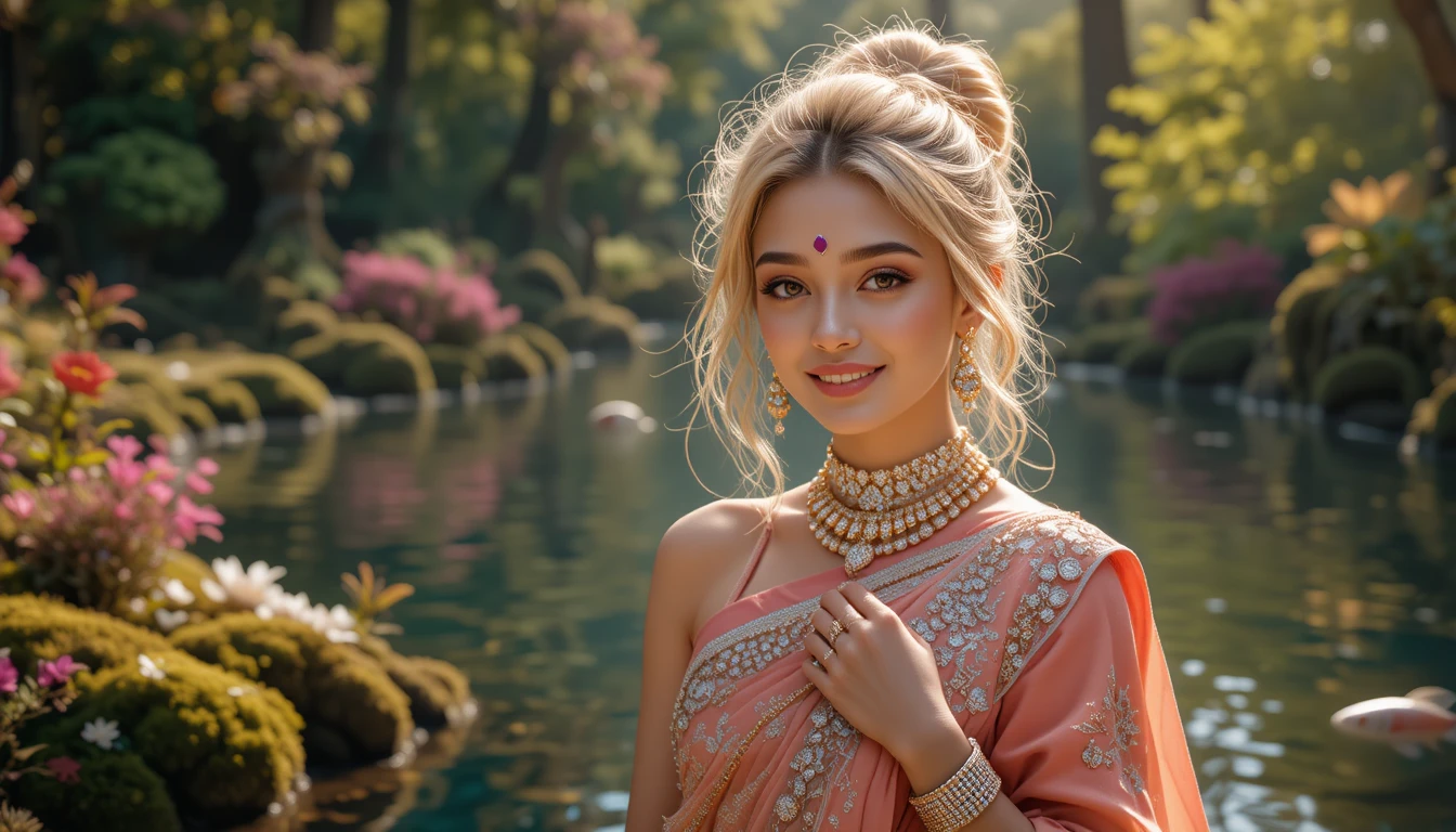 Blonde woman in jeweled saree by a sunlit forest lake