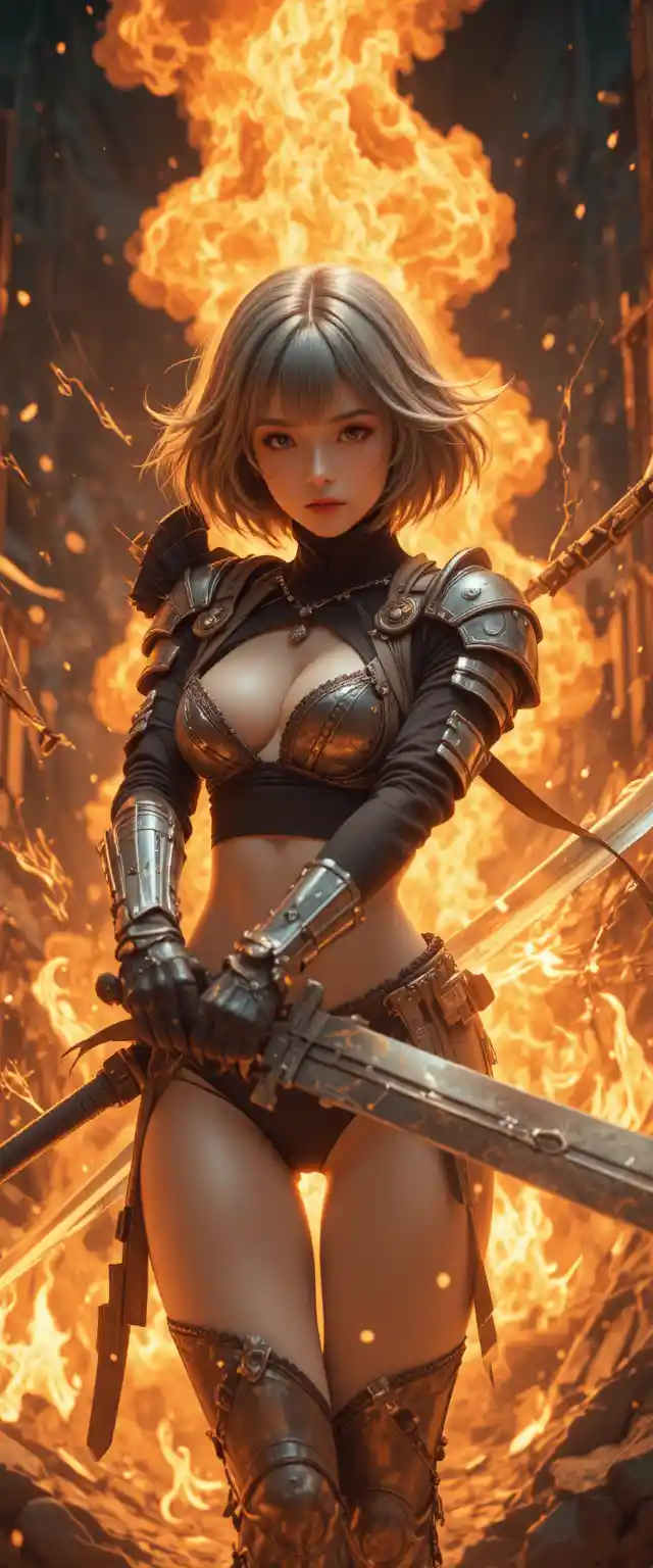 Armored girl with giant sword before towering flames
