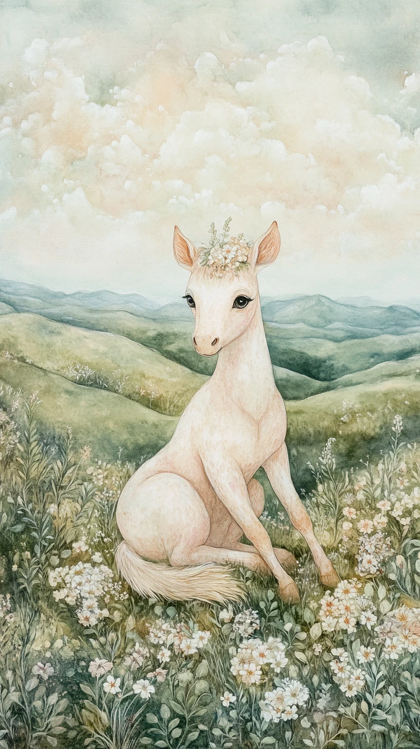 Gentle horse in a cozy coat in a pastel countryside