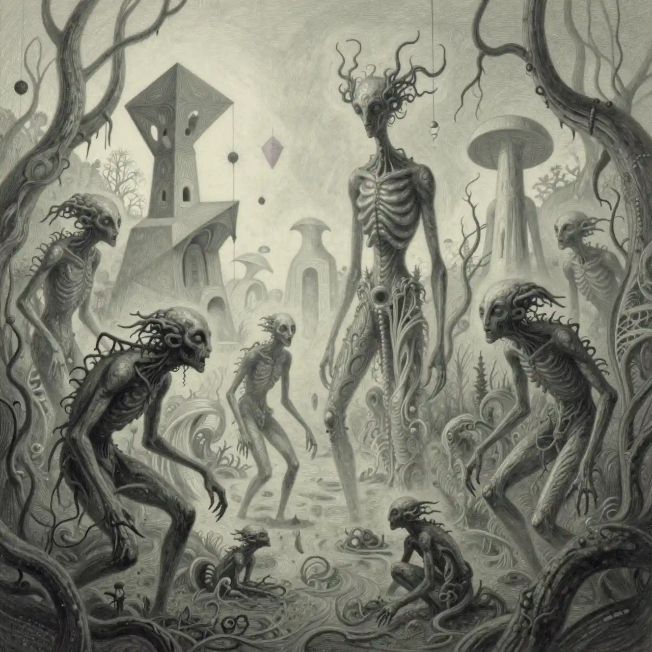 Monstros aterrorizantes emergindo de uma paisagem de pântano surreal
