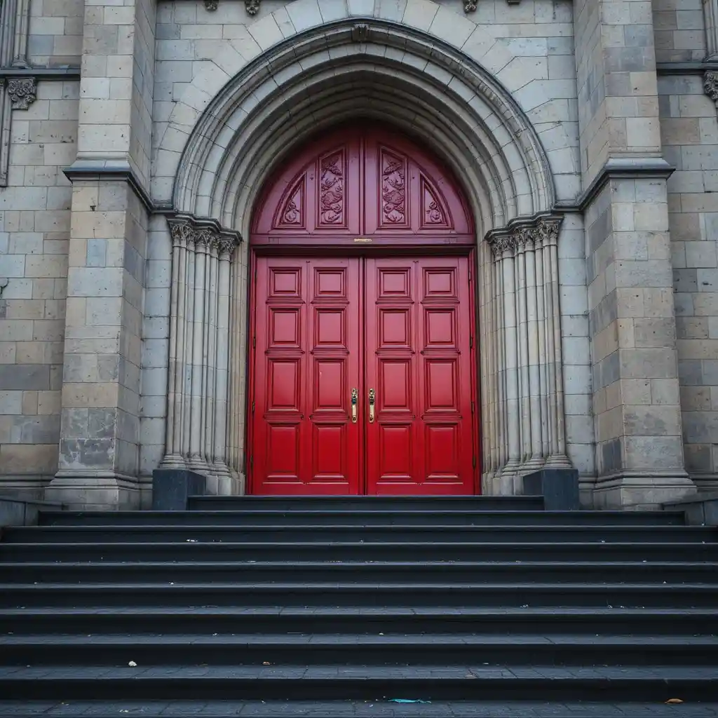 Cathedral facade with red doors and stone entry steps
