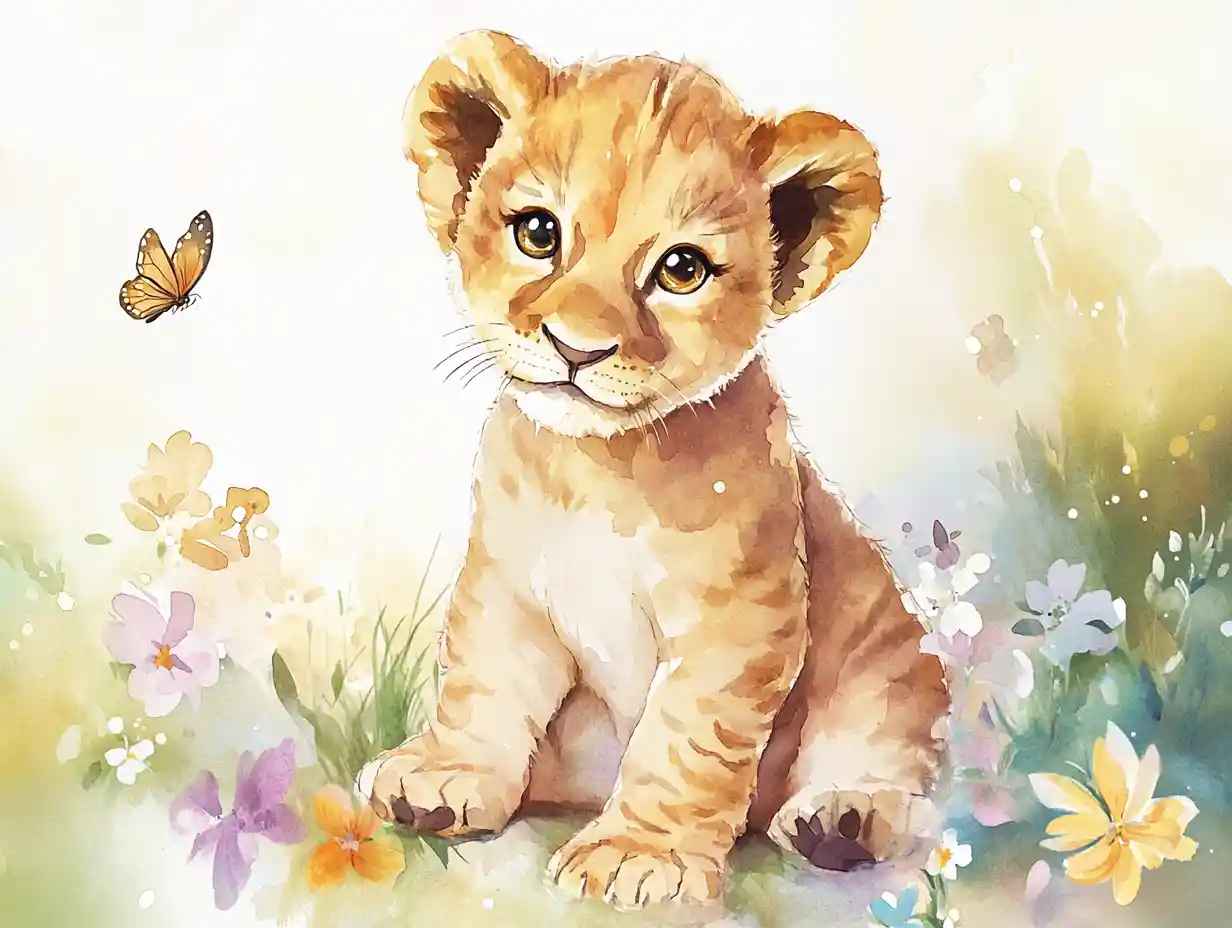 Watercolor baby lion cub in a whimsical flower meadow