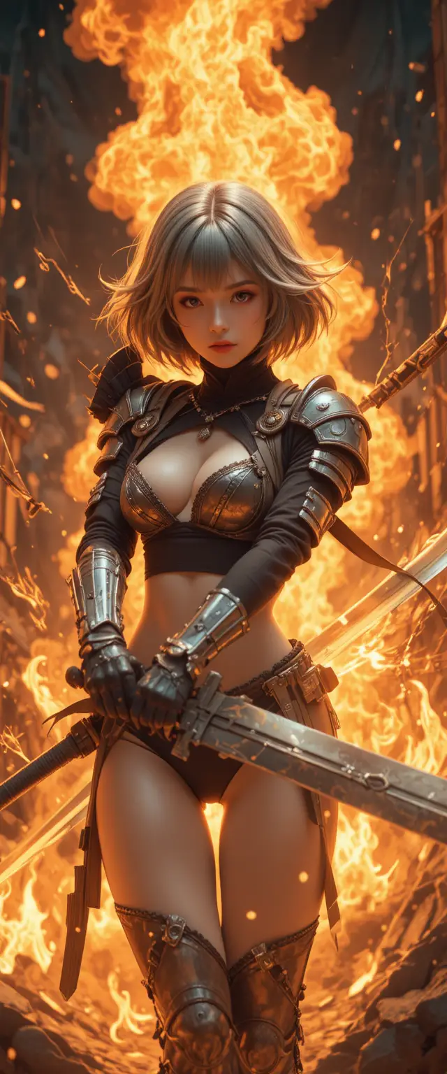 Armored girl with giant sword before towering flames