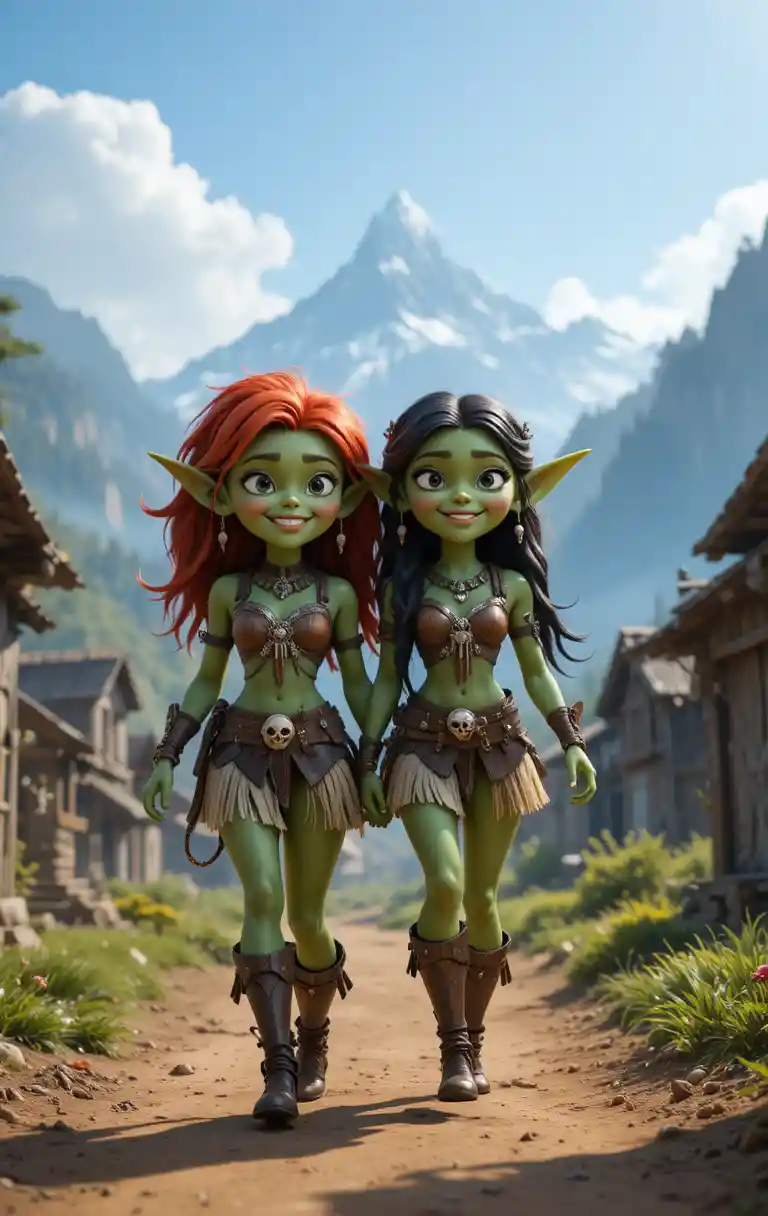 Due goblin donne sfilano lungo un sentiero di montagna rustico
