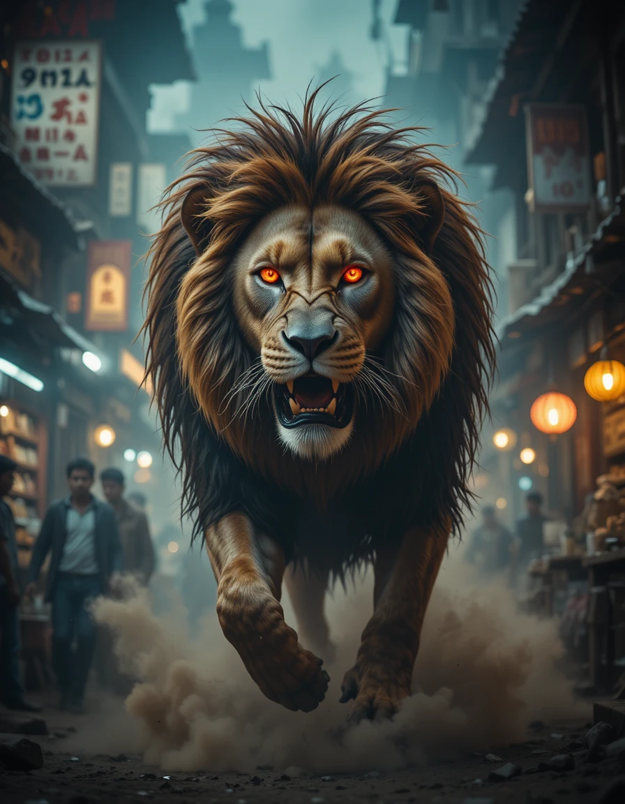 León emergiendo en un dramático mercado callejero de la India