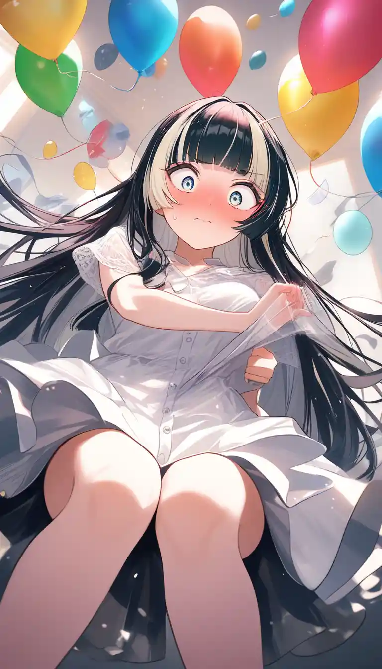 Anime girl in see through white summer dress looking down shocked