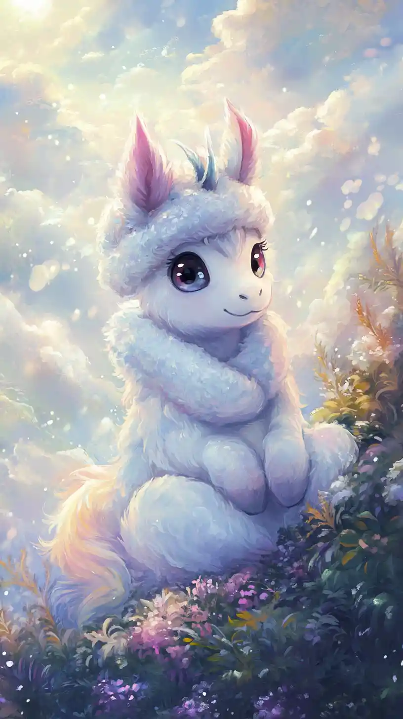 Whimsical fantasy animal resting in a gentle pastel landscape
