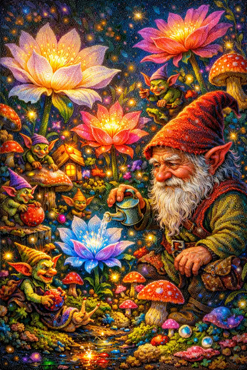 Whimsical gnome in an enchanted glowing miniature garden