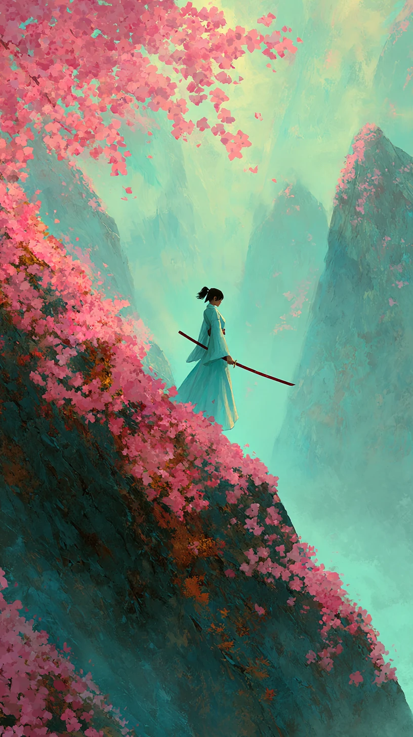 Female warrior on a cherry blossom cliff in misty mountains