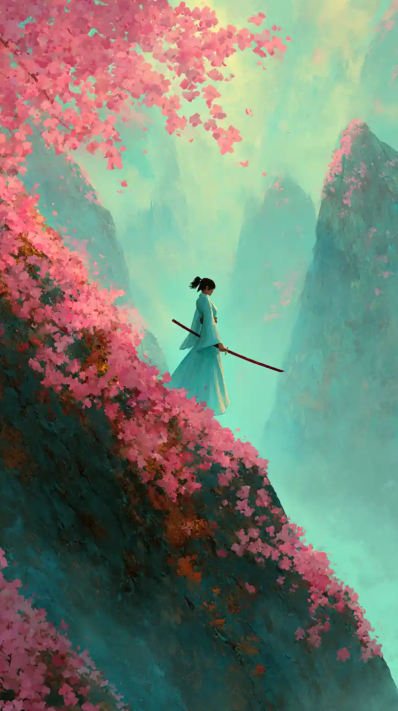 Female warrior on a cherry blossom cliff in misty mountains
