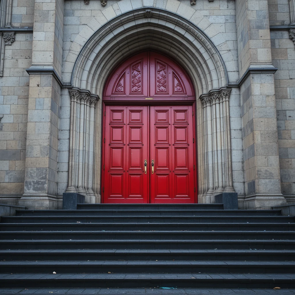 Cathedral facade with red doors and stone entry steps