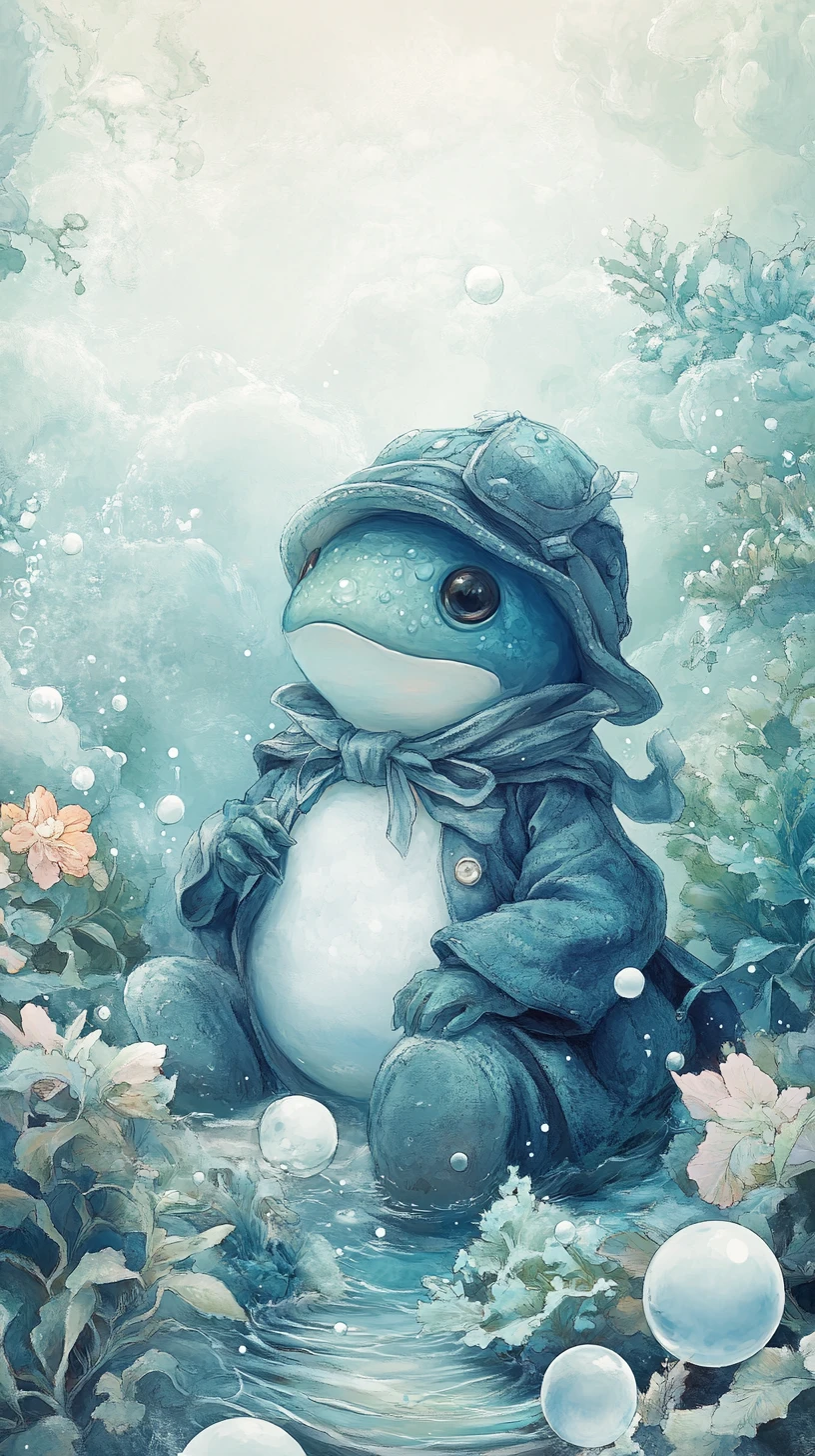 Friedlicher Axolotl in einer pastellfarbenen winterlichen Unterwassertraumwelt
