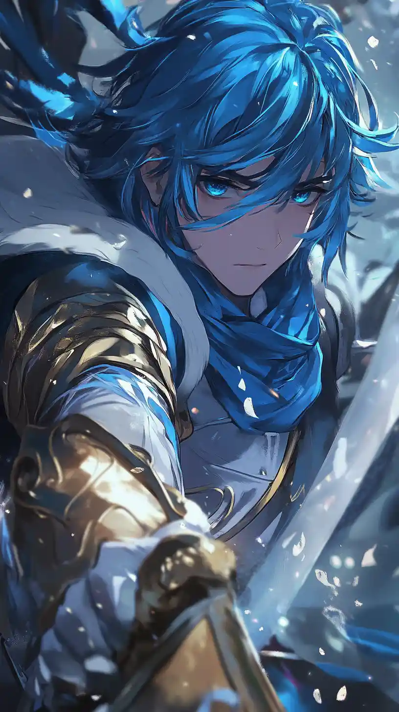 青い髪のアニメ戦士騎士のクローズアップポートレート