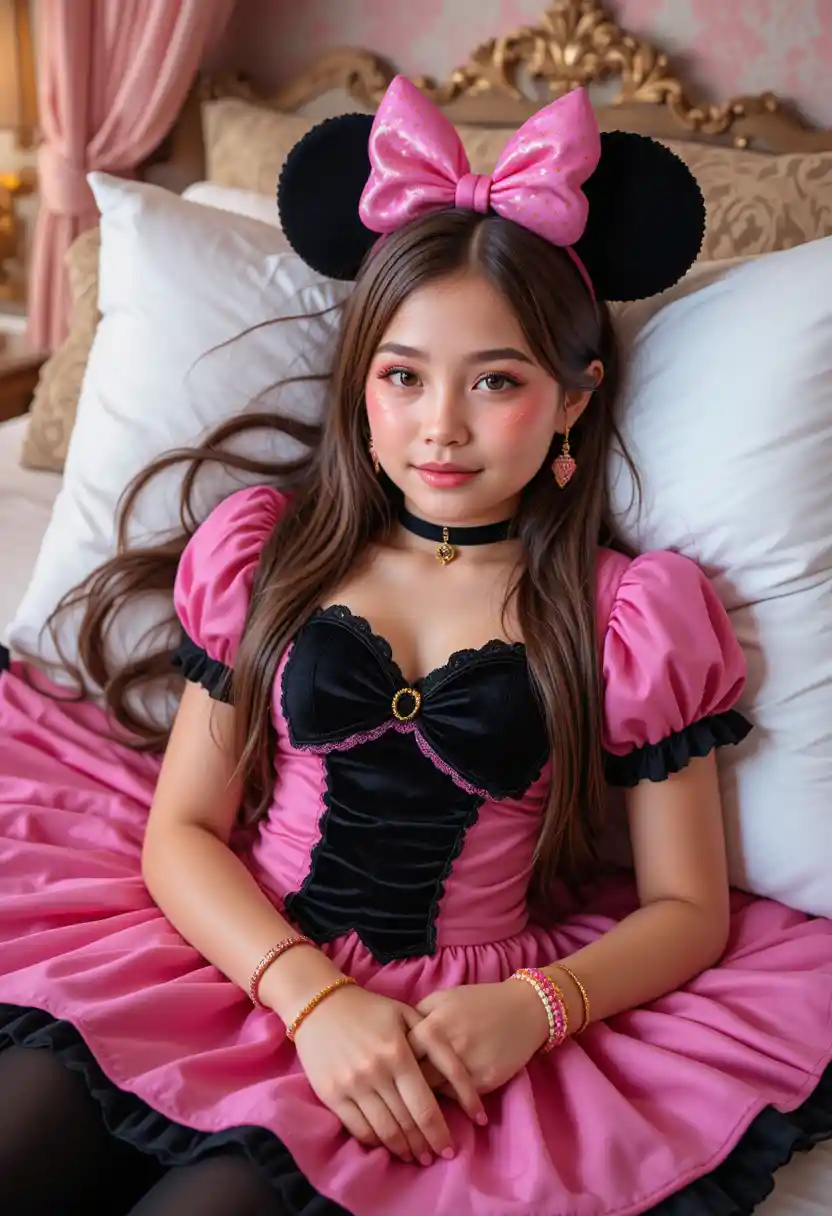 Niño preadolescente con disfraz de Minnie Mouse descansando en la cama del hotel