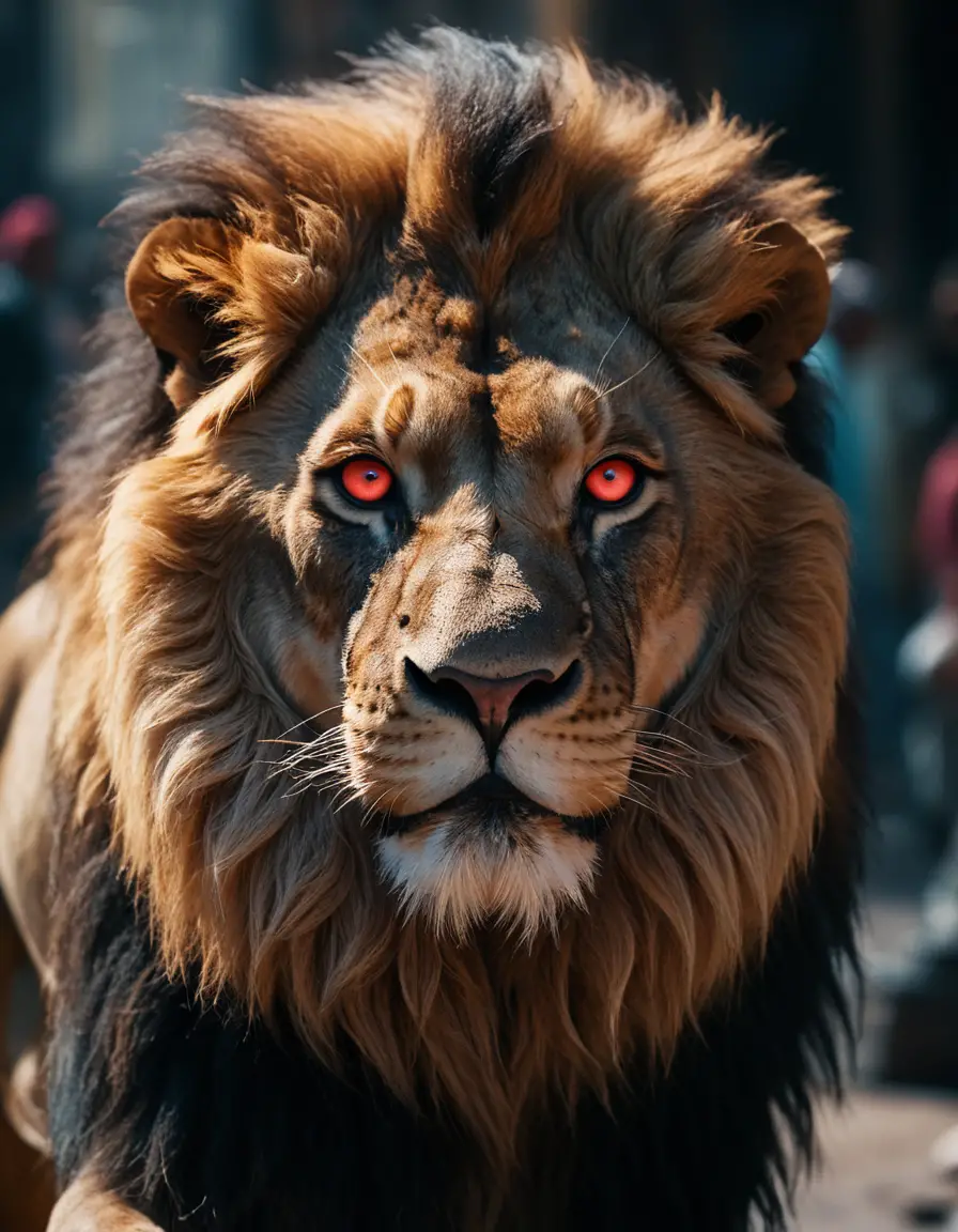 Lion emerging through a dramatic indian street marketplace