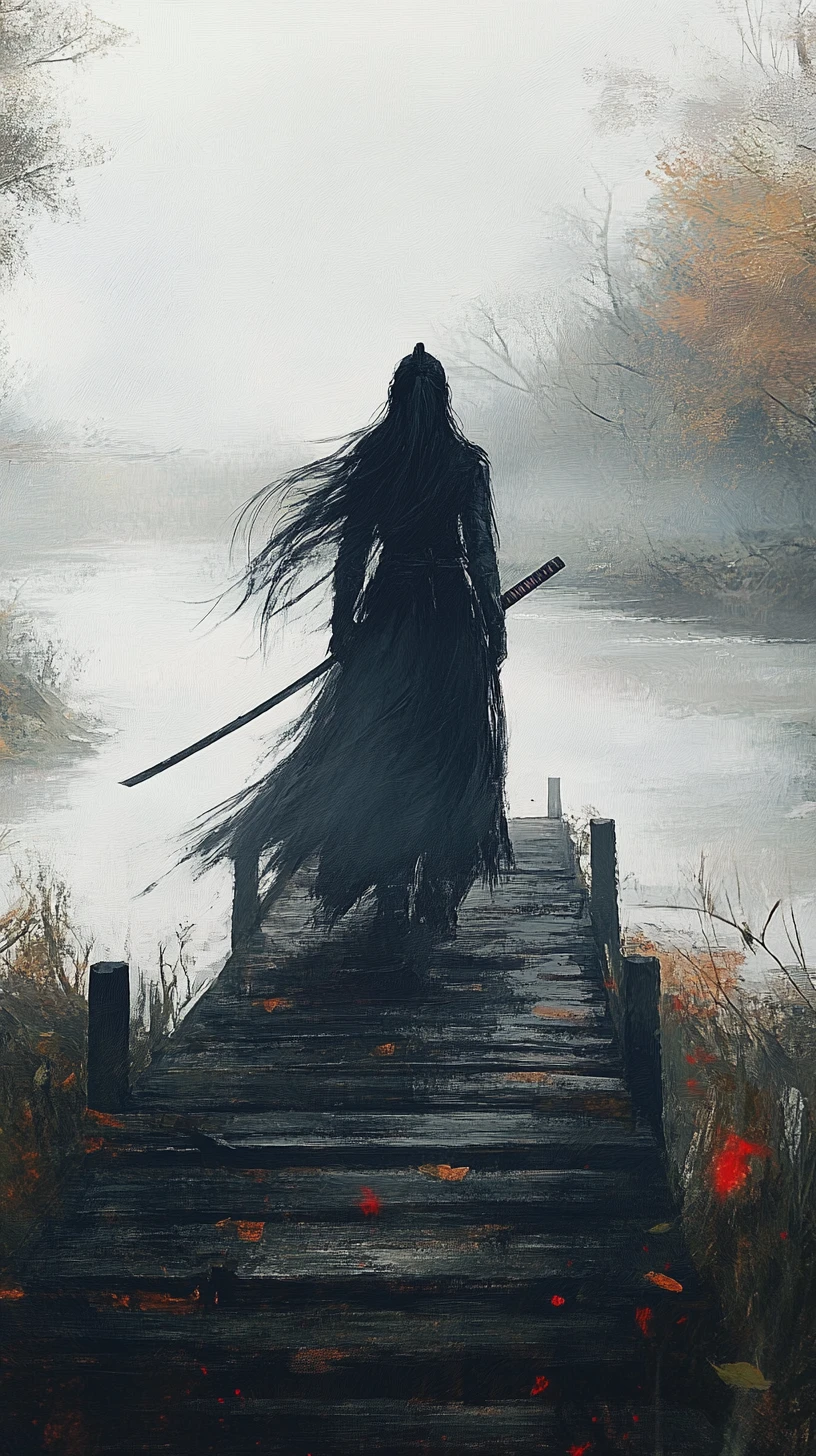 Samurái solitario cruzando un puente de madera entre la niebla
