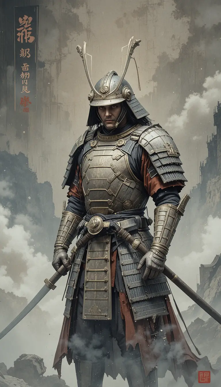 Serene Japanese warrior in armor in a misty landscape