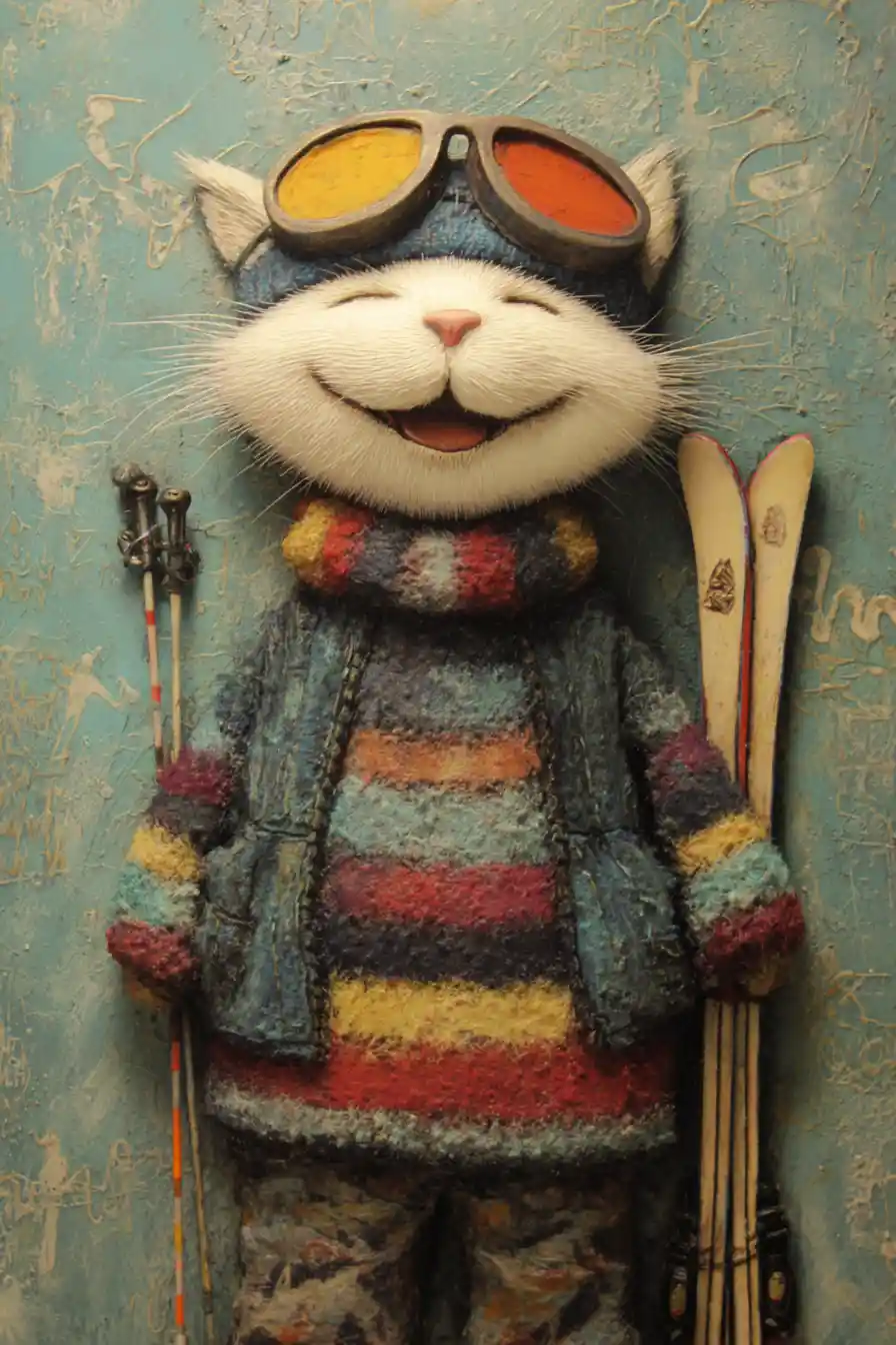 Lachende Katze probiert Winter-Ski-Outfit in Boutique an