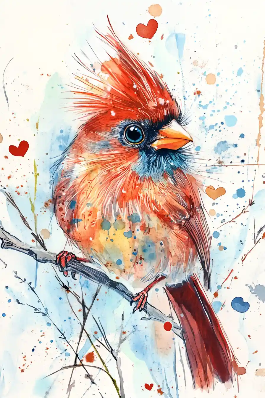 Whimsical red bird with taco in a folklore watercolor scene