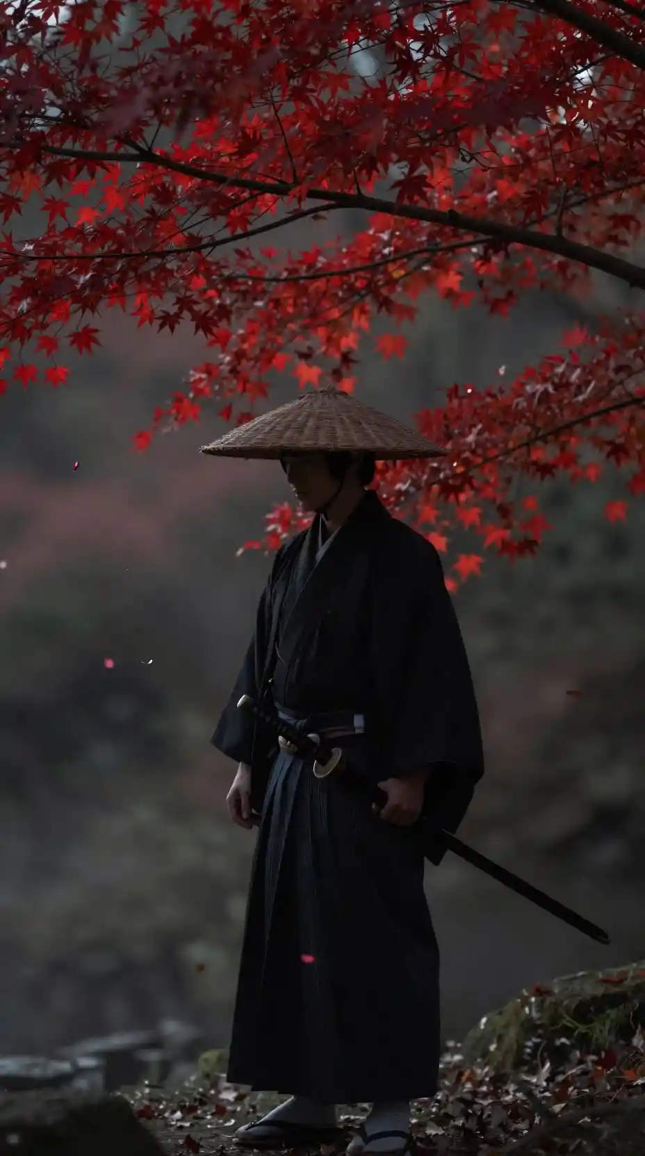 Samurai steht schweigend unter roten Ahornblättern