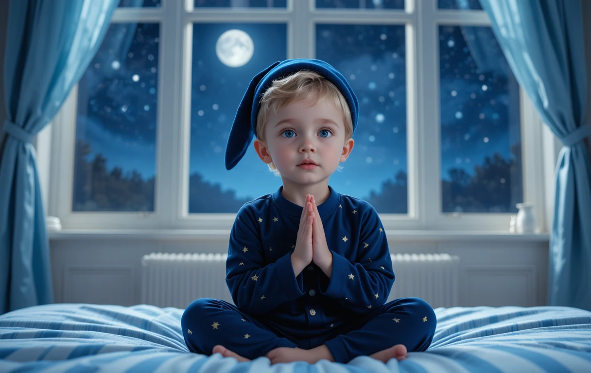 Niño rubio rezando en una cama acogedora a la luz de la luna