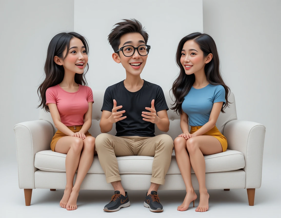 Tres amigos hablando juntos en un sofá blanco de estudio
