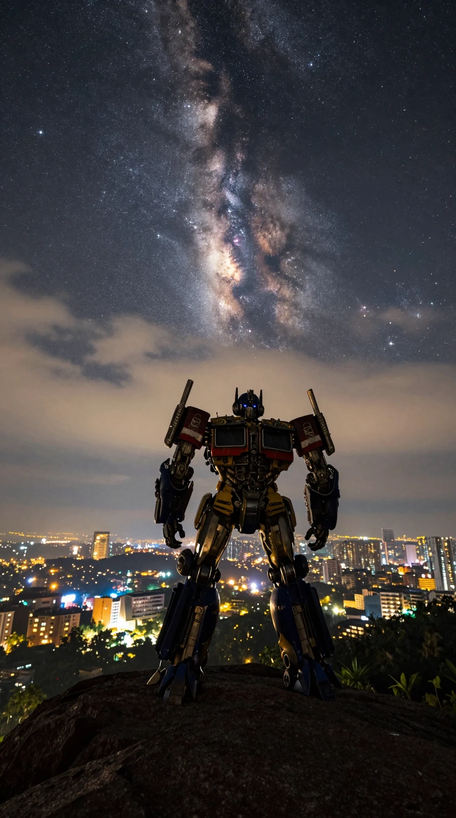 Giant robot on a hill overlooking a glowing night city