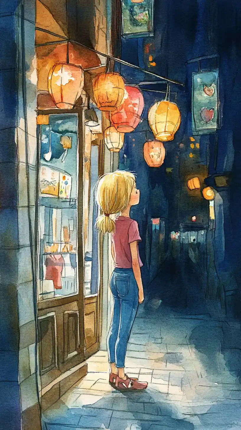 Blonde girl on a night city street in watercolor illustration