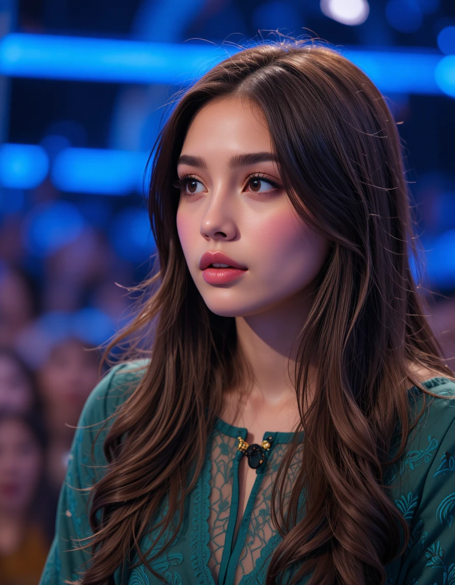 Focused young contestant on a blue tv quiz show set