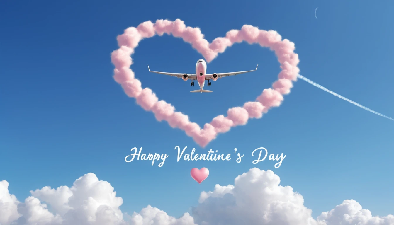 Aereo che scrive un messaggio di felice San Valentino nel cielo di nuvole