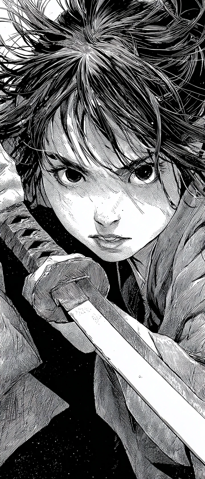Guerrière samouraï féroce agenouillée avec katana en style encre de manga