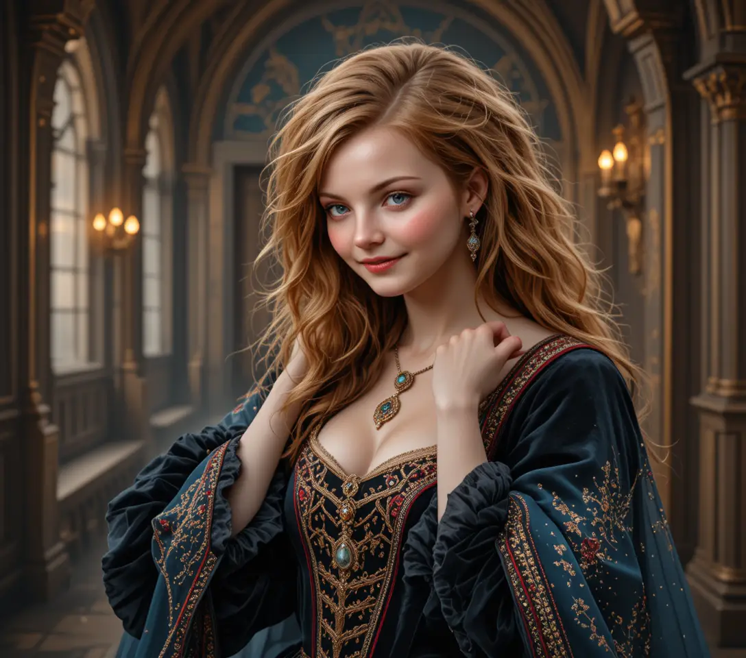 Elegant medieval woman in a luxurious gothic hall