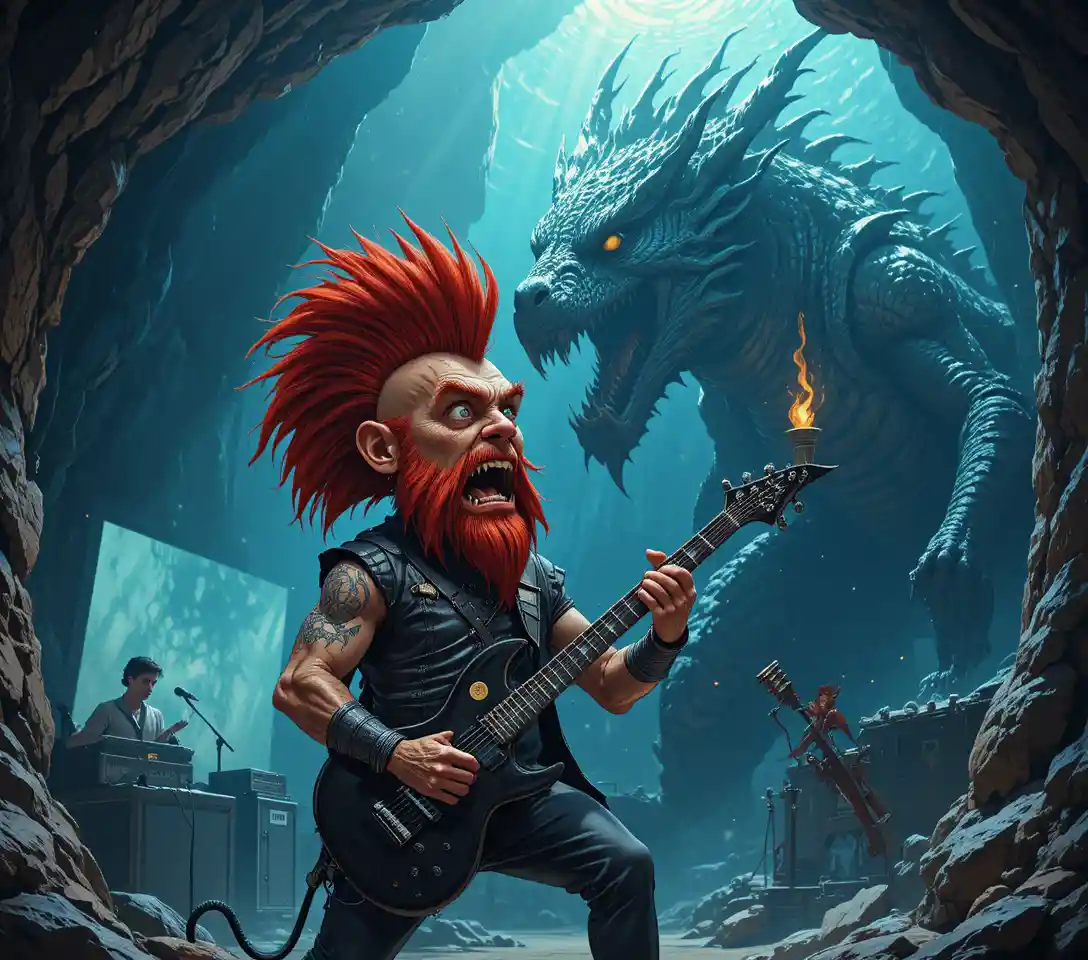 Lion warrior faces colossal dragon beast in underwater cave