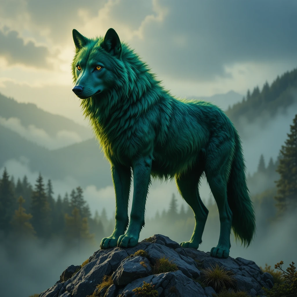 Emerald Wolf On Misty Mountain At Sunrise