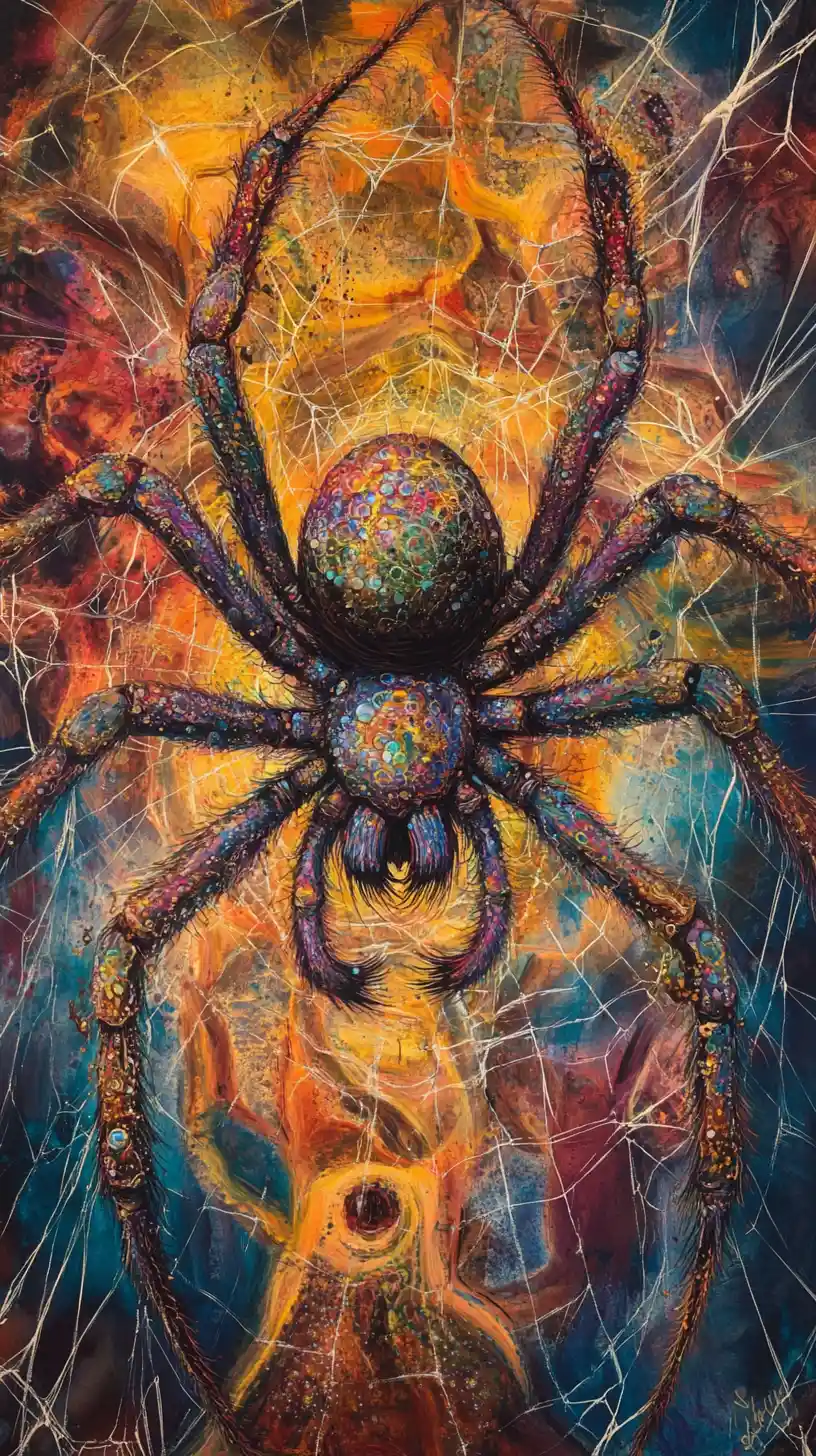 Psychedelic spider creature on an intricate web in abstract space