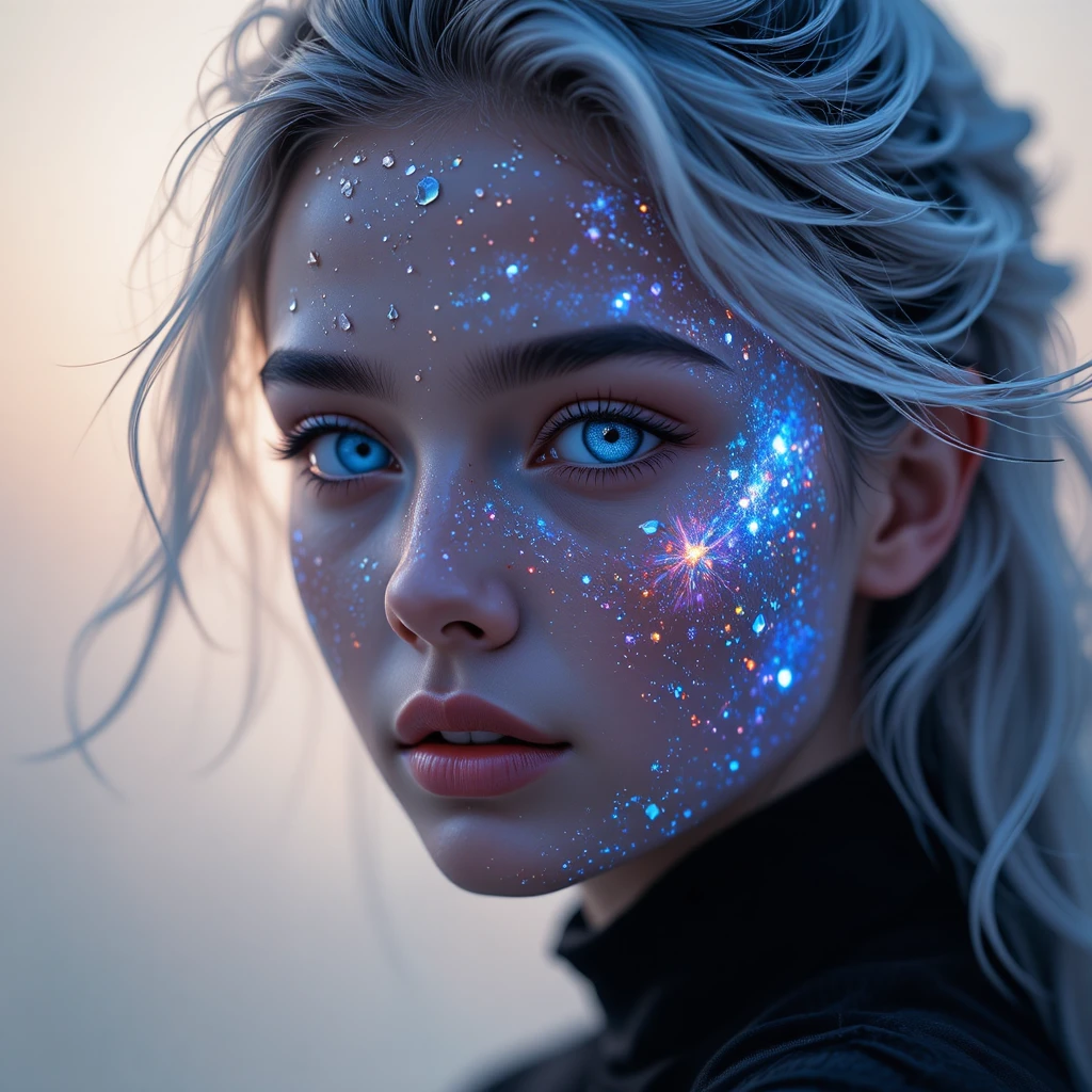 Portrait éthéré d’une jeune femme à la peau cosmique et lumineuse